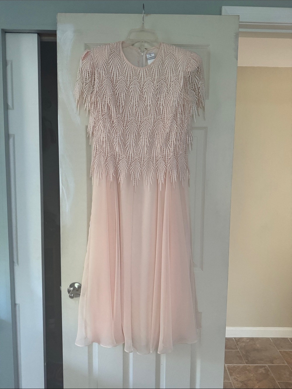 Cattiva White Fringe Light Pink Chiffon Formal Dress